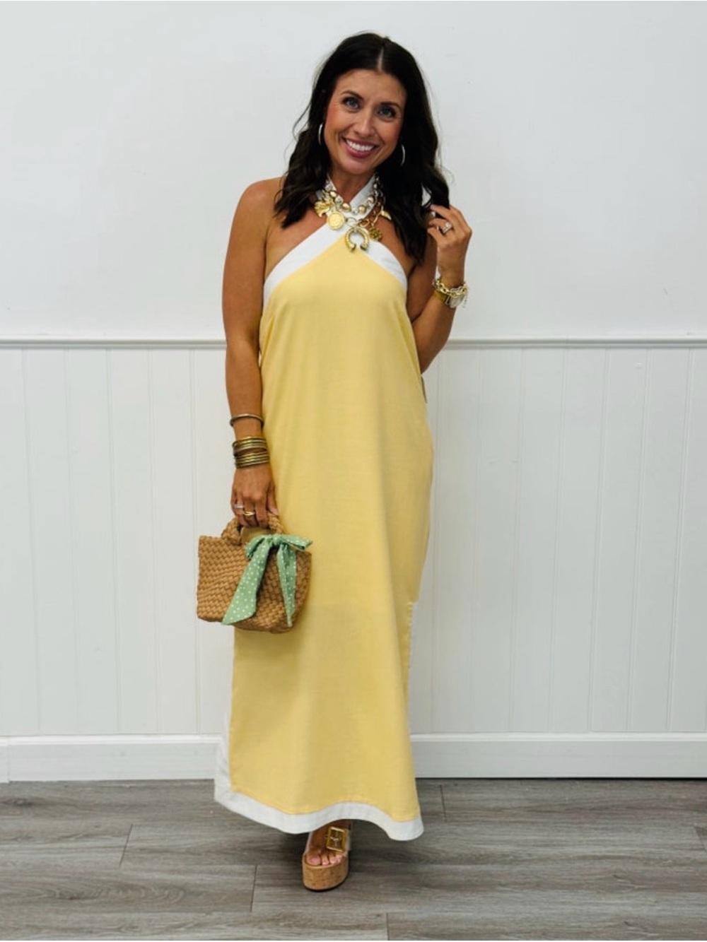 entro Yellow Halter Maxi Dress with White Trim